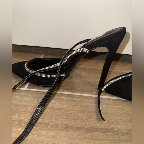 Lulus Luciee Black Satin Rhinestone Ankle Strap Heels Size 8 - Picture 3 of 8